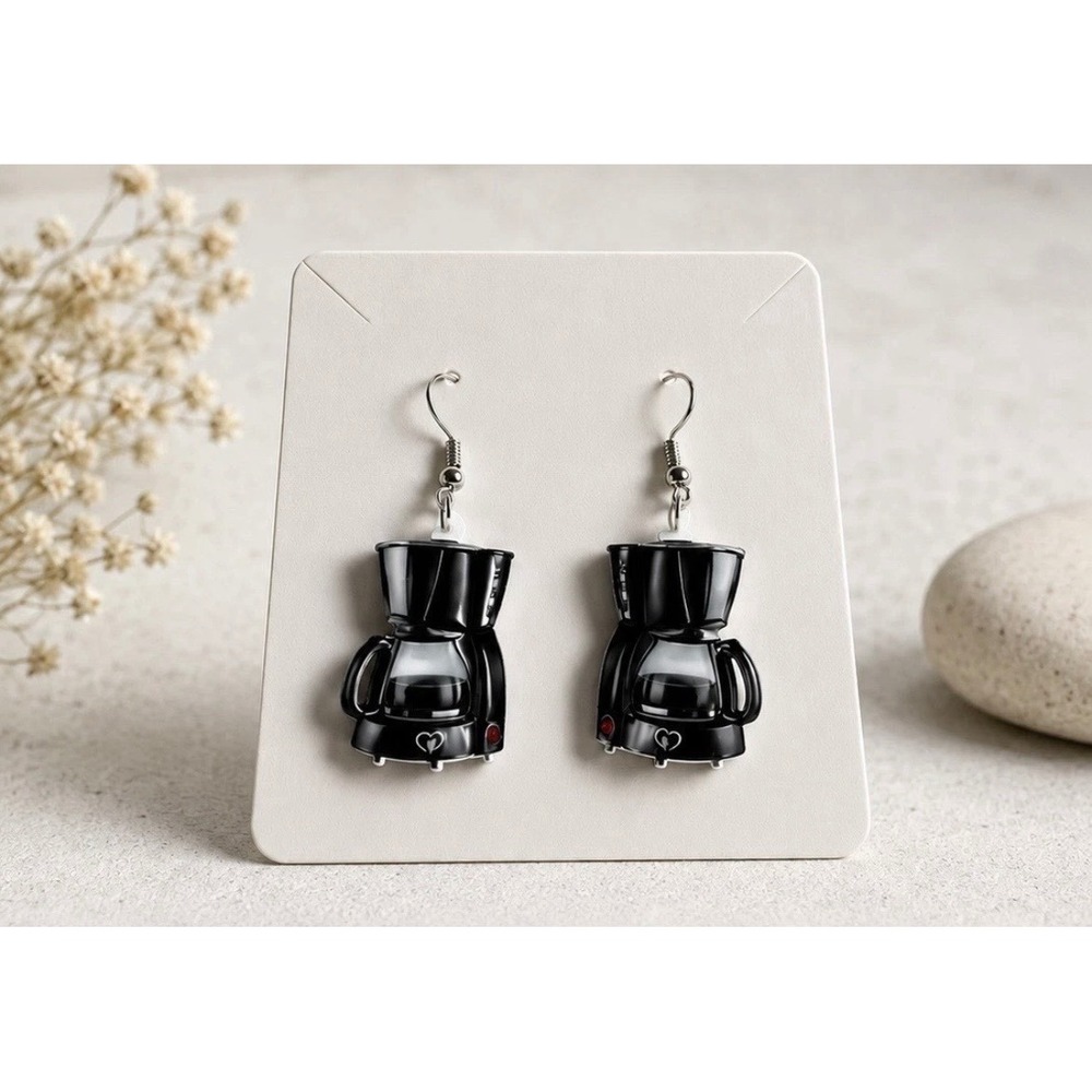 Black Coffee Maker Acrylic Drop Earrings Heart Accent Barista Novelty Jewelry